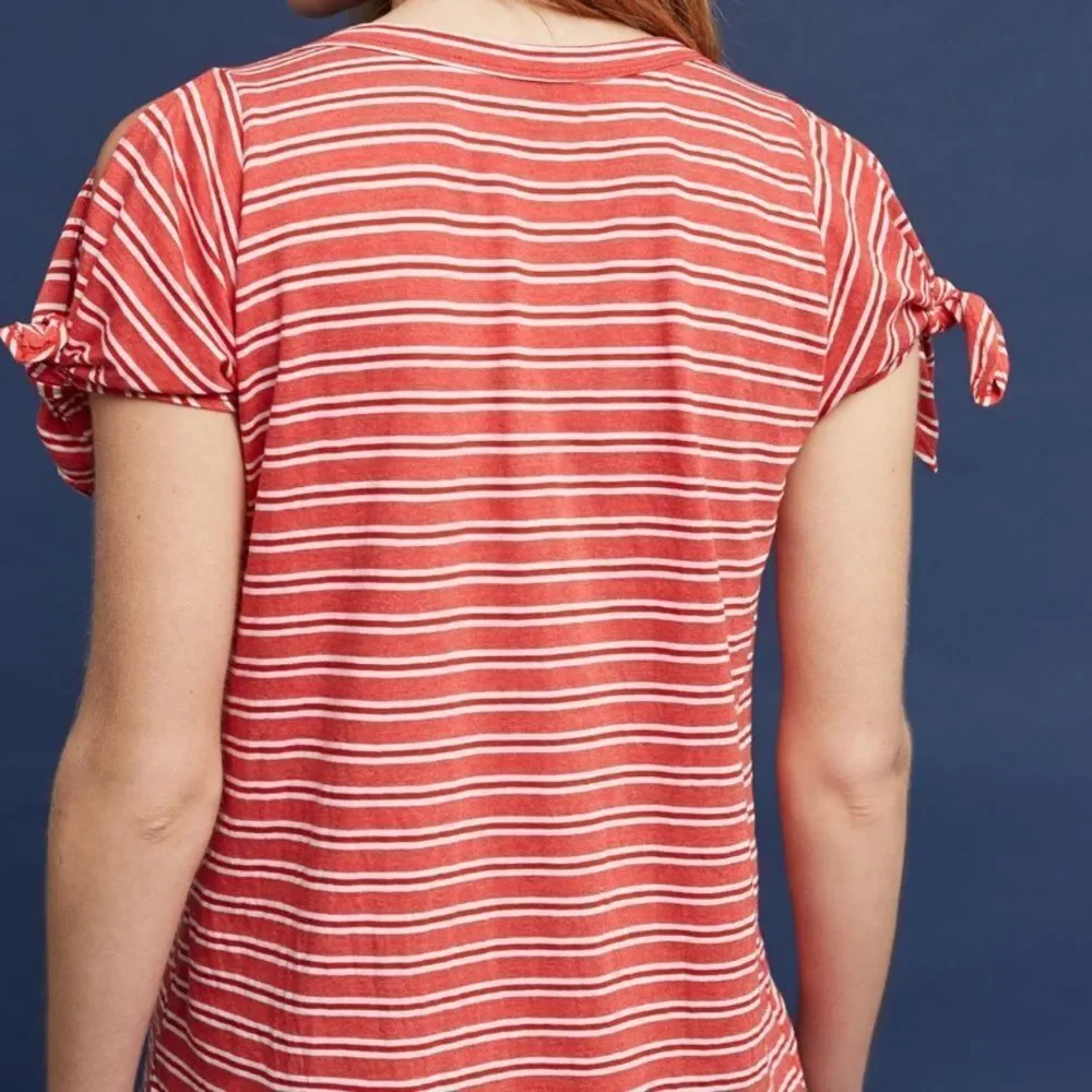 ANTHROPOLOGIE LEFT OF CENTER Tie Cuff Tee Red White Stripe Motif Women’s Size XS